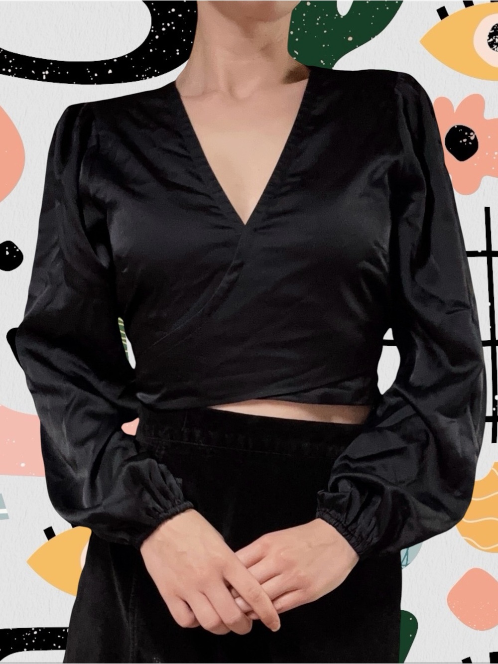 Abercrombie & Fitch | Black Satin V-Neck Long Sleeve Wrap Top
